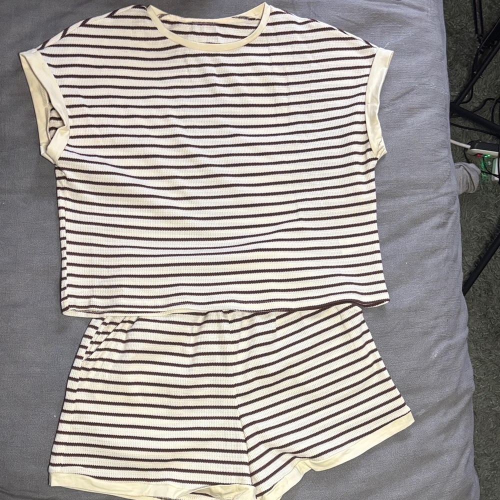 Striped Cream and Brown Women’s lounge Set - Short Sleeve Top & Shorts